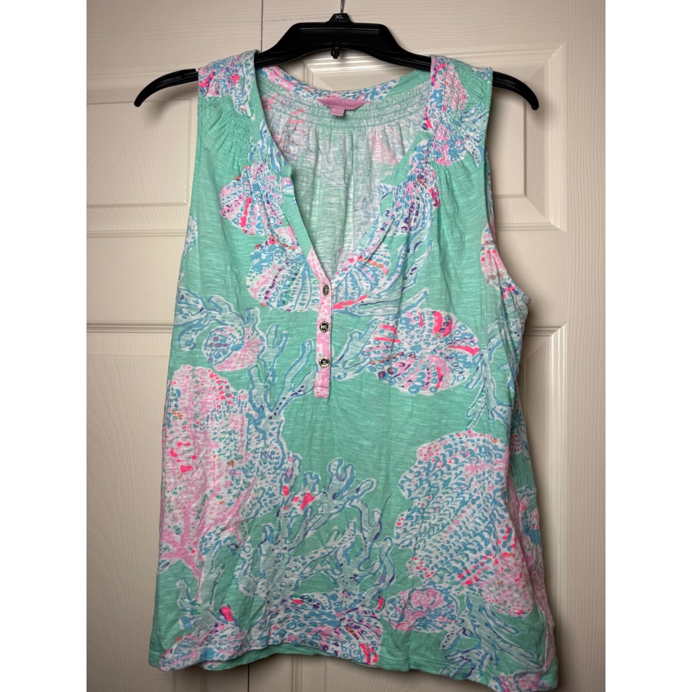 Lilly Pulitzer Essie Minty Fresh Fan Sleeveless Henley Top Sea Mint Green Large